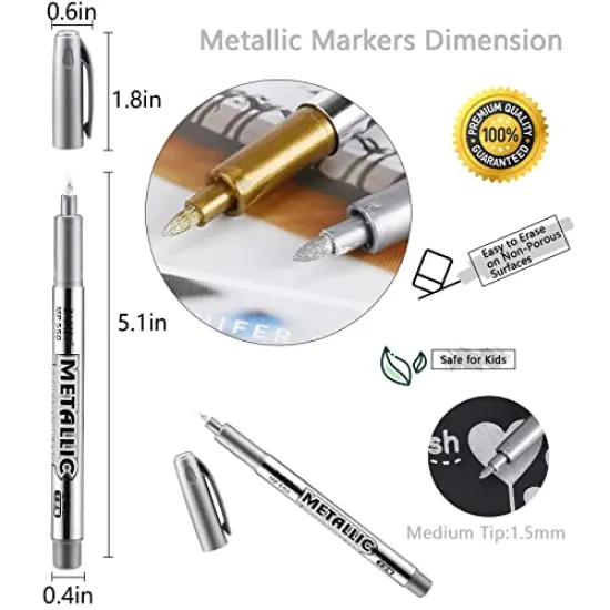12 Pieces Silver Metallic Markers, Fine Point Silver Metallic Marker Pens for Adult Coloring, Black Paper, Scrapbook, Artist Illustration, Crafts, Gift Card Making, Fabric, Photo Album {6}