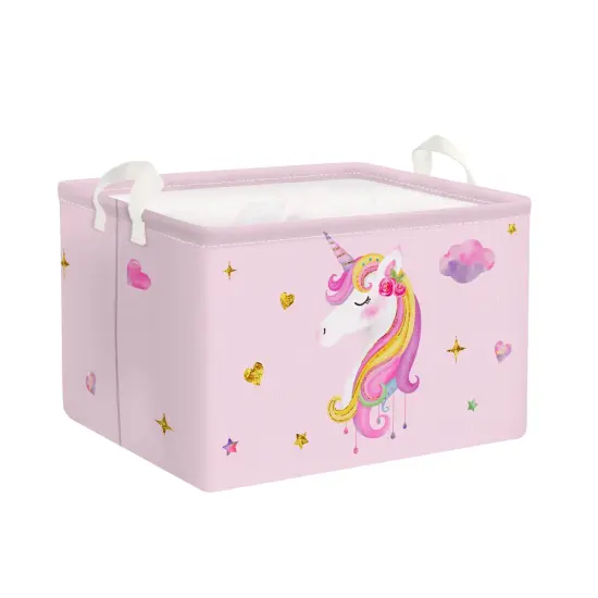 Adorable Pink Unicorn Basket for Girls Rectangle Cloud Star Heart Shelf Basket Clothes Books Toy Storage Cube, 21L {2}