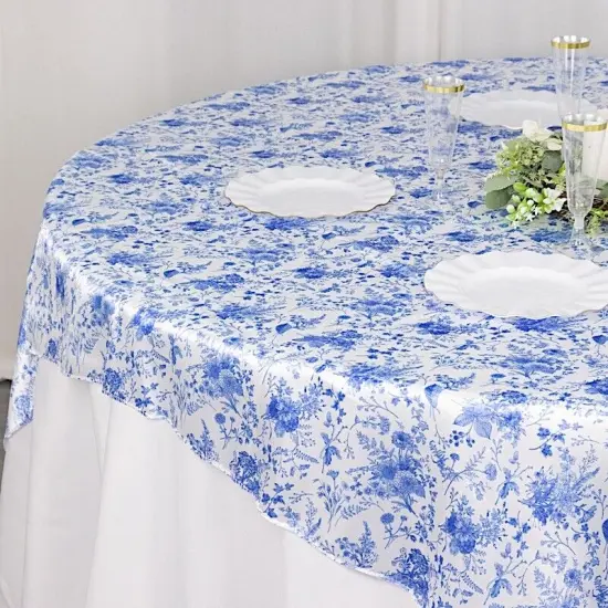 White 72x72 in Satin Square TABLE OVERLAY Blue Floral Design {5}