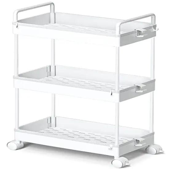 3 Tier Classic Storage Rolling Cart Slim Storage Cart with Wheels Slide Out Storage Rolling Cart Organizer Plastic for Bathroom Laundry, White {2}