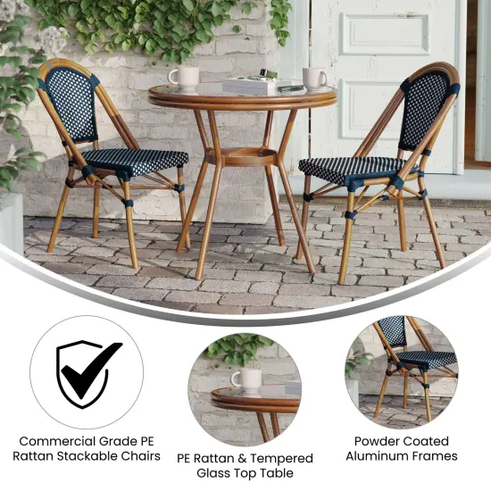 Merrick Lane Sacha Bistro Style Table with Glass Top, PE Rattan, 2 Stack Chairs, and Bamboo Finished Metal Frame for Indoor/Outdoor Use Navy&White/Natural {4}