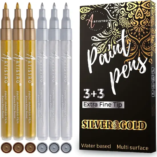 6 Pieces Metallic Acrylic Paint Pens for Rock Painting, Stone, Ceramic, Glass, Wood, Fabric, Canvas, Metal, Scrapbooking (6 Pack) Set of 3 Gold & 3 Silver Acrylic Paint Markers Water-Based Extra-Fine Tip 0.7mm {1}