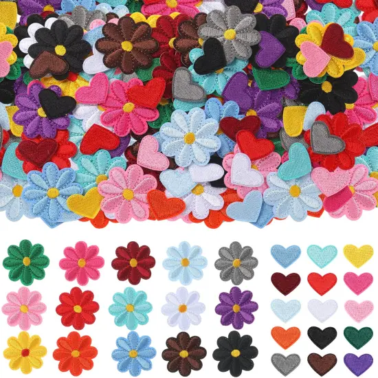 120 Pieces Flower, Heart Patches Mini Embroidery Applique Patches Colorful Sew Iron on Patches for Clothing Repair Decorations DIY Craft (Flower, Heart) {3}