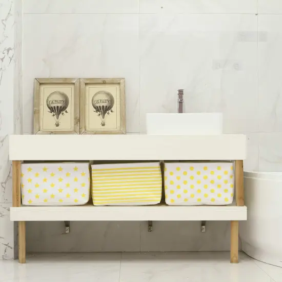 Sea Team Collapsible Canvas Fabric Storage Basket with Handles, Rectangle Waterproof Storage Bin, Box, Cube, Foldable Shelf Basket, Closet Organizer, 16.5 x 11.8 x 9.8 Inches, Yellow Stripe {6}