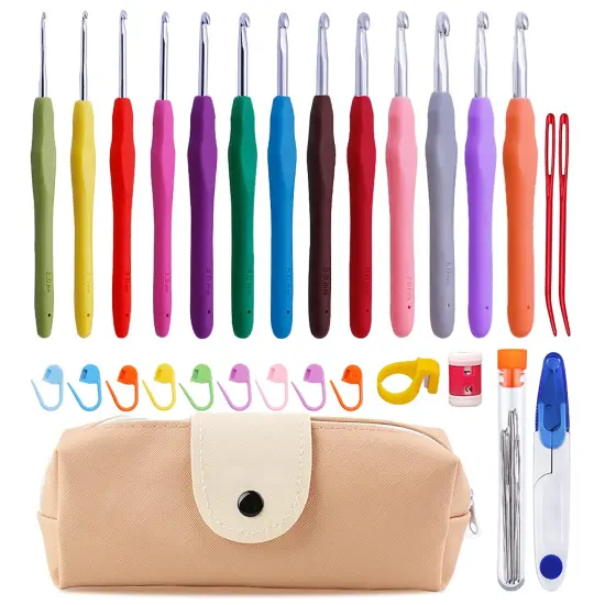 38 Pieces Crochet Hooks Set, 13 Pcs 2mm(b)-10mm(n) Ergonomic Soft Grip Crochet Handles, Crochet Needle with Storage Case, for Arthritic Hands, Extra Long  Knitting Needles {2}