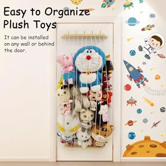 Stuffed Animal Storage Wood Plush Toys Holder with Hooks, Length Adjustable Hanging Stuffed Animal Toy Organizer Shelf for Nursery Kid Room Play Room Bedroom {5}