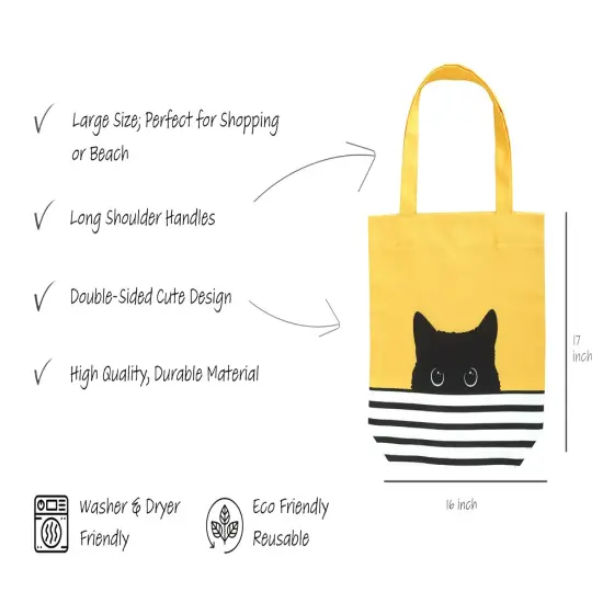 Cat Lover Gifts for Women - Black Cat Gifts for Cat Lovers - Cat Mom Gifts - Cat Themed Gifts - Happy Birthday Bags for Cat Lady Gifts - Reusable Cat Tote Bag (Yellow Cat) {5}