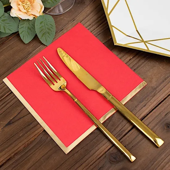 50 Pastel Gold Trim 2 Ply Paper Napkins for Events Red {1}