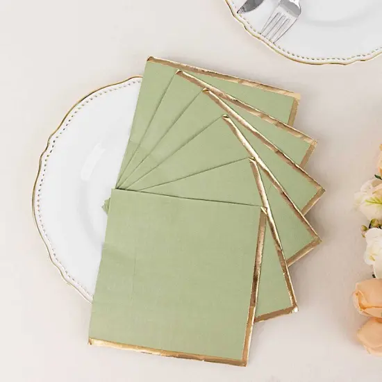 50 Pastel Gold Trim 2 Ply Paper Napkins for Events Sage green {1}