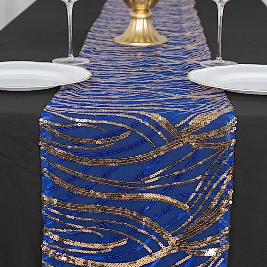 12x108 in Mesh Wavy Embroidered Sequins Table Runner Royal blue {1}