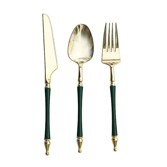 24-Piece Disposable Plastic Cutlery Set Gold & hunter green {1}