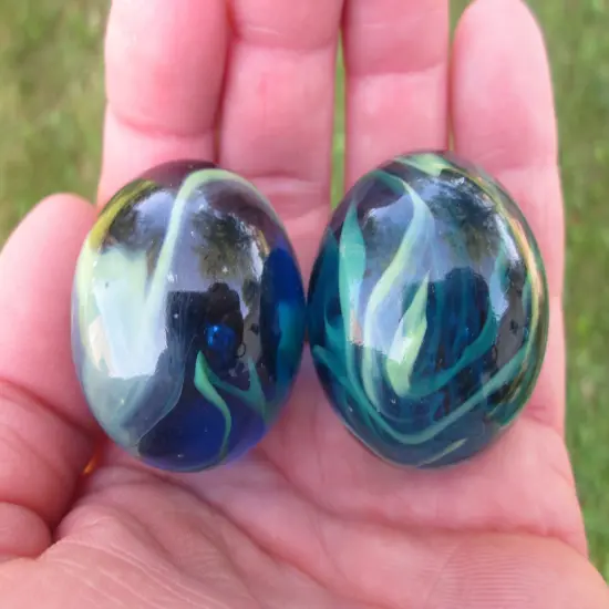 2 Boulders 35mm SEA TURTLE Marbles glass ball Clear Blue/Greenhuge Swirl {3}