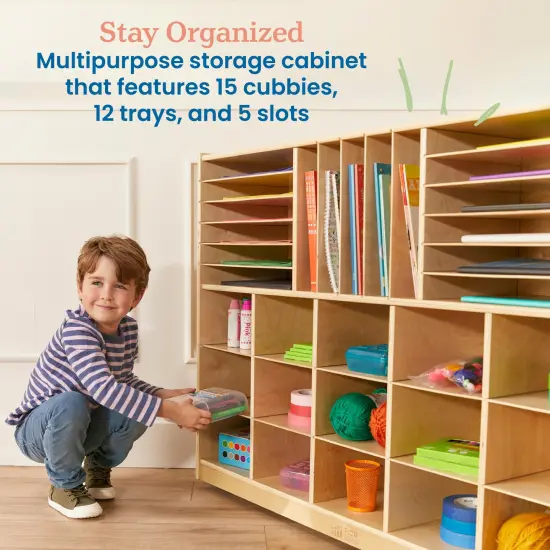 Multi-Section Mobile Storage Cabinet, Classroom Furniture Natural {3}