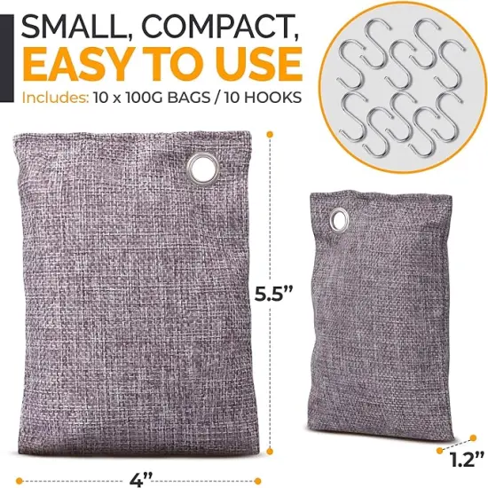 Activated Charcoal Odor Absorber 10x3.5oz w Hooks. Nature Fresh Bamboo Charcoal Air Purifying Bag Home Closet Air Freshener Deodorizer Odor EliRAHEEVtor | RAHEEV&reg; {4}