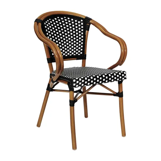 Merrick Lane Sacha Stacking Thonet Bistro Style Chair with Arms, PE Rattan Seat, and Bamboo Finished Metal Frame for Indoor/Outdoor Use Black&White/Natural {2}
