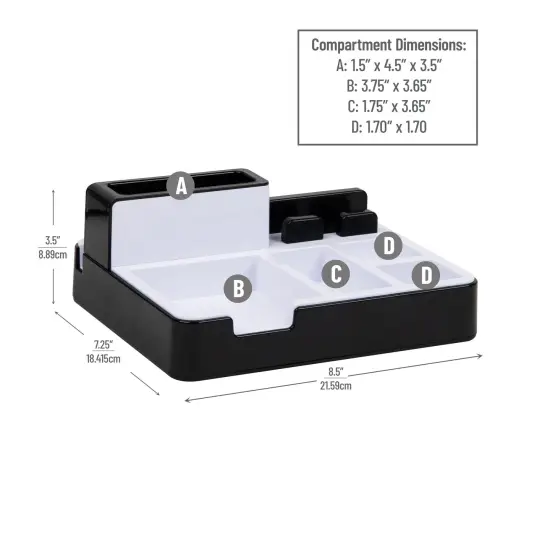 Desktop Organizer Charging Station, Accessory Storage, Workspace, Office, 8.5" L x 7.25" W x 3.5" H, Black and White {1}