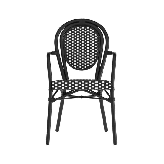 Merrick Lane Celia Stacking Thonet Bistro Style Chair with Arms, PE Rattan Seat, and Metal Frame for Indoor/Outdoor Use Black&White/BlackFrm {6}