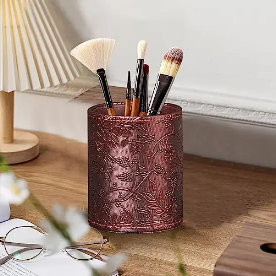 Pen Holder for Desk Cute, Desk Organizers and Workspace Accessories Storage, Pencil Holder Cup for Makeup Brush/Art Supplies/Stationery, Decorative Aesthetic Office Organization, PU Leather {4}