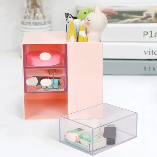 Desk Pencil Pen Holder, Office Desk Organizers Desktop Storage Pen Organizers with 3 Independent Drawers Stationery Supplies for Office,School,Home,Pink {3}