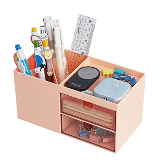 Office Desk Organizer with drawer, Office Supplies and Desk Accessories, Business Card/Pen/Pencil/Mobile Phone/Stationery Holder Storage Box (Pink) {3}