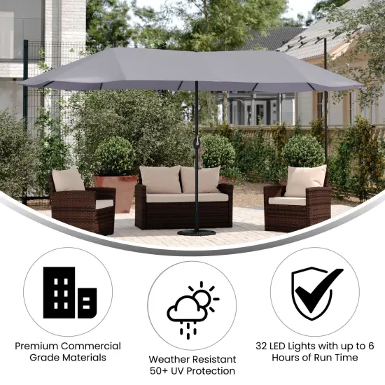 Merrick Lane Evanston 15 FT Triple Head Umbrella for Patio Use with Crank Handle, and Easy Lift Function Gray {4}