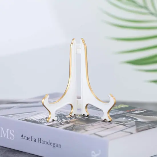 Artliving 4" White Gold Decorative Small Plate Stand Holder Plastic Picture Easel Display Stand Picture Frame Stand (2 Pack) {6}
