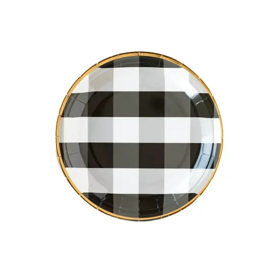 Stylish 9" Black & White Buffalo Plaid Plates with Gold Trim &ndash; Elegant Disposable Dinnerware for Any Event {1}