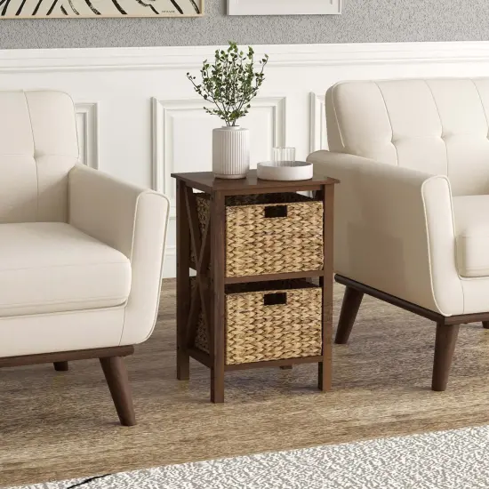 Costway 1/2 PCS 2-Tier Nightstand with 2 Seagrass Baskets Rubber Wood X-Shaped Frames 2 Drawers {5}