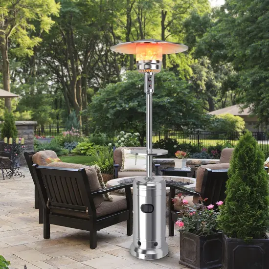 Outdoor Heater Propane Standing LP Gas Steel with Table & Wheels Silver {2}
