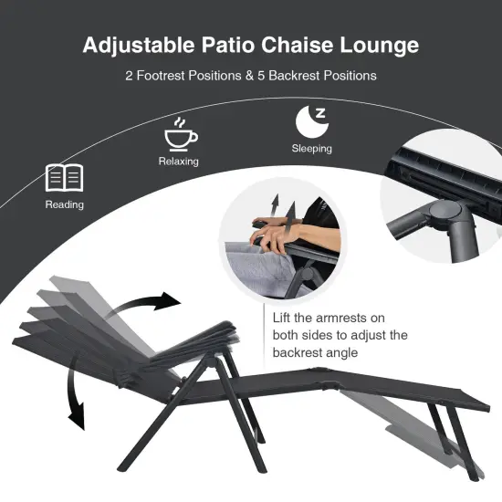 2 Pieces Foldable Chaise Lounge Chair With 2-position Footrest Black {6}