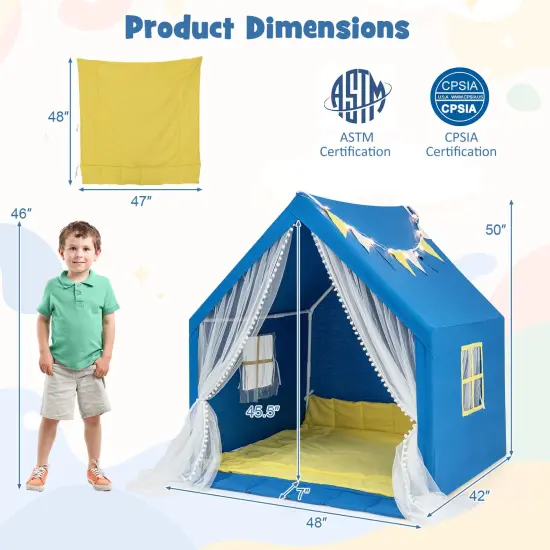 Large Play Tent With Washable Cotton Mat Holiday Birthday Gift For Kids Blue {5}
