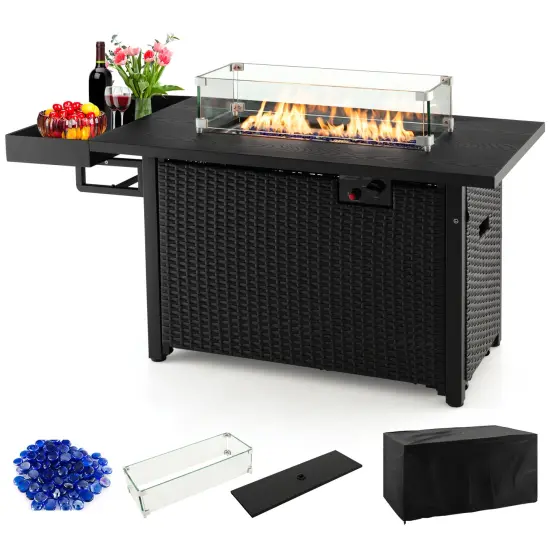 52 Inches Outdoor Wicker Gas Fire Pit Propane Fire Table with Cover Black {2}