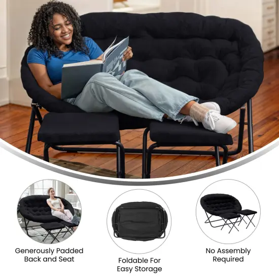 Emma and Oliver Janey Folding Double Saucer Chair with 2 Ottomans and Steel Frame for Dorm or Bedroom GrayFabric/SoftGold {9}