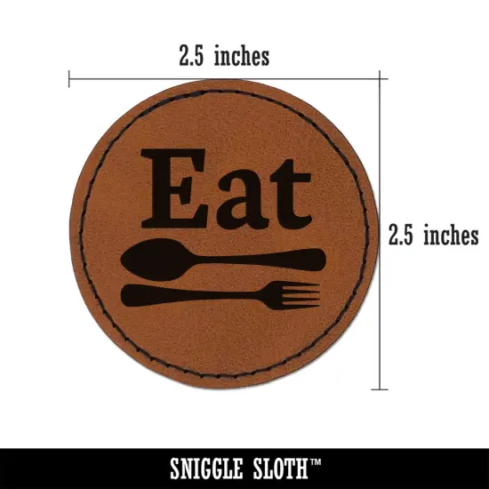 Eat Spoon and Fork Kitchen Round Iron-On Engraved Faux Leather Patch Applique - 2.5" Brown {3}