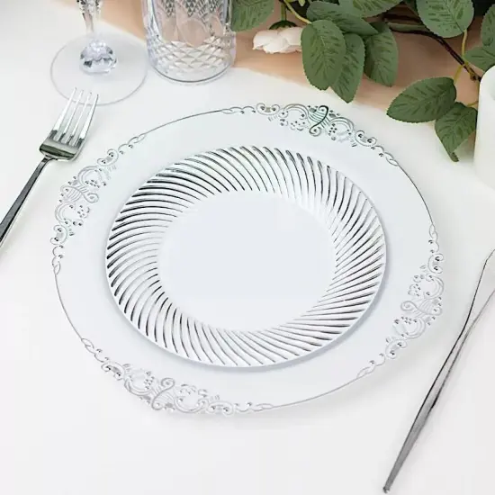 10 WHITE SILVER 9" Round Plastic Dinner PLATES Swirl Design {4}