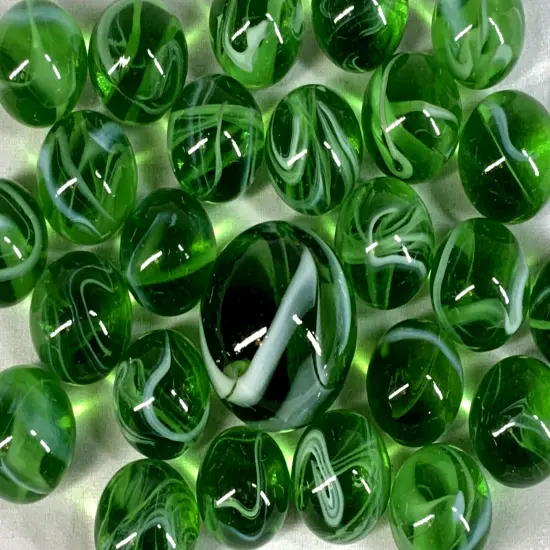 25 Marbles ENCHANTED FOREST Green Glass White Swirl game pack vtg style Shooter {2}