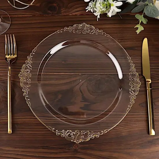 10 CLEAR GOLD 10" Round Plastic Salad Dinner PLATES {3}
