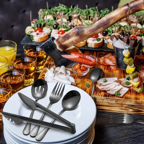 15 Pieces Stainless Steel Serving Utensils Large Serving Spoon Set 9.45 Inch Metal Tongs 9 Inch Serving Forks 8.7 Inch Slotted Spoons and Serving Spoon Kitchen Wedding Party (Black) {5}