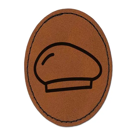 Beret Hat Doodle Round Iron-On Engraved Faux Leather Patch Applique - 2.5" Brown {1}