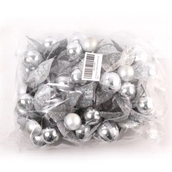 Set of 12: Silver Glitter Poinsettia Flower Picks with 3 Ornament Balls - Festive Seasonal Accents - 2024 Christmas Collection, Floral Home by Artificial Flowers {5}