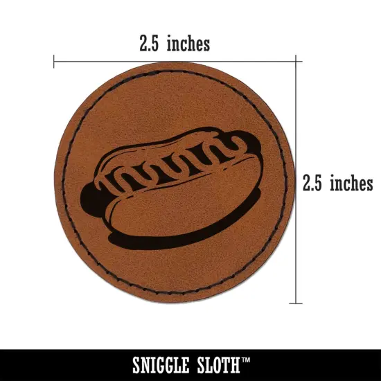 Hotdog Wiener Bun Ketchup Mustard Round Iron-On Engraved Faux Leather Patch Applique - 2.5" Brown {3}