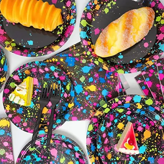 96&nbsp;Pieces Party Supplies for 24 Guests Glow Party Plates Napkins Tableware Neon Glow Birthday Colorful Graffiti Party Decoration Favor， {6}