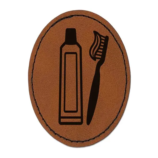 Toothbrush and Toothpaste Dentist Round Iron-On Engraved Faux Leather Patch Applique - 2.5" Brown {1}