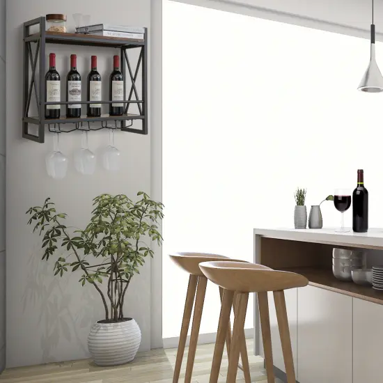 Industrial Wall Mounted Wine Rack With 3 Stem Glass Holders {1}