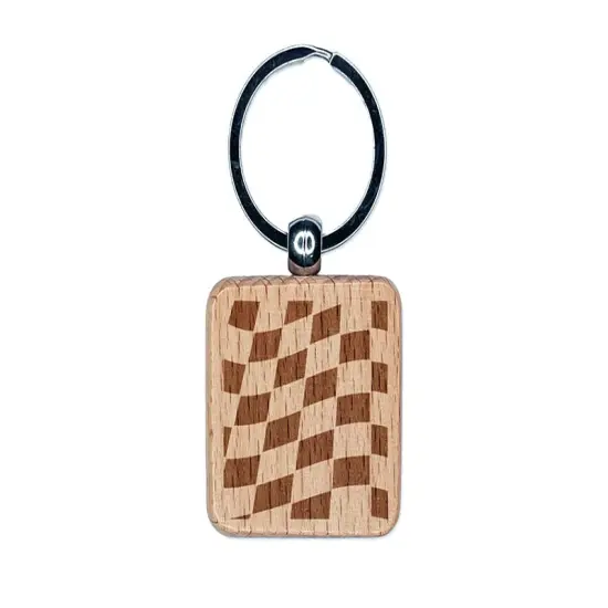 Waving Racing Checkered Flag Pattern Engraved Wood Square Keychain Tag Charm {1}