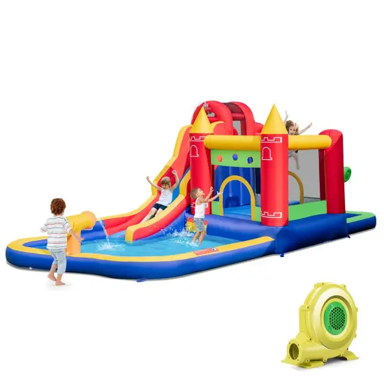 9-in-1 Inflatable Bounce Castle with Water Slide and Splash Pool with 735W Blower {3}