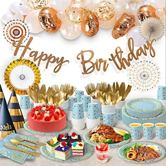350 Pieces Blue and Gold Party Decorations 50 Guests Blue Paper Plates Plastic Forks Knives Spoons & Golden Dot Blue Party Plates Napkins Cups for 2023 Graduation Decorations Baby Shower Boy Birthday {3}