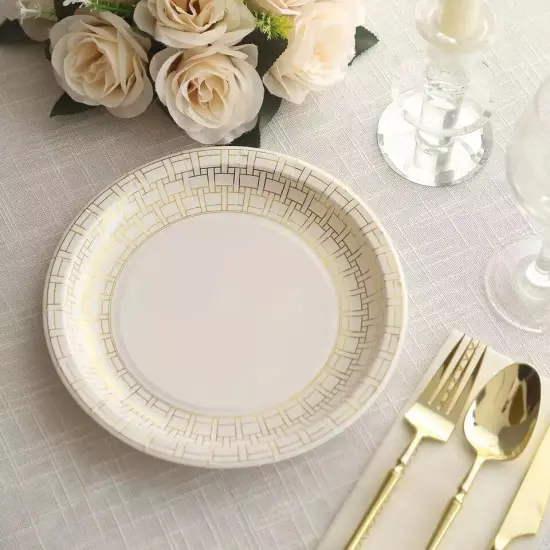 25 WHITE 9" Paper PLATES GOLD Basketweave Design Rim {2}