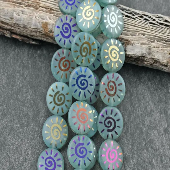 *8* 14mm Aqua Opaline Satin Sliperit Laser Tattoo Sun Coin Beads {3}