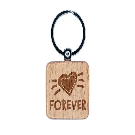 Forever Love Heart Engraved Wood Square Keychain Tag Charm {1}